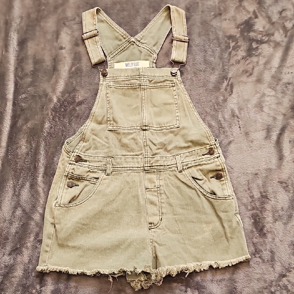 Brandy Melville Olive Green Denim Short Overalls - Picture 1 of 4
